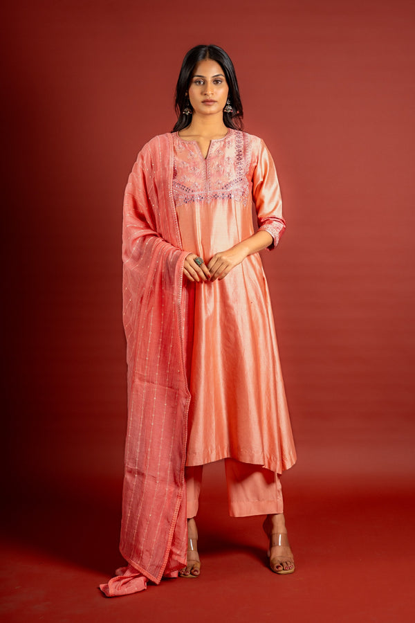 Peach Chanderi silk A-line top with thread and mirror work on yoke with Chanderi dupatta and rayon pant