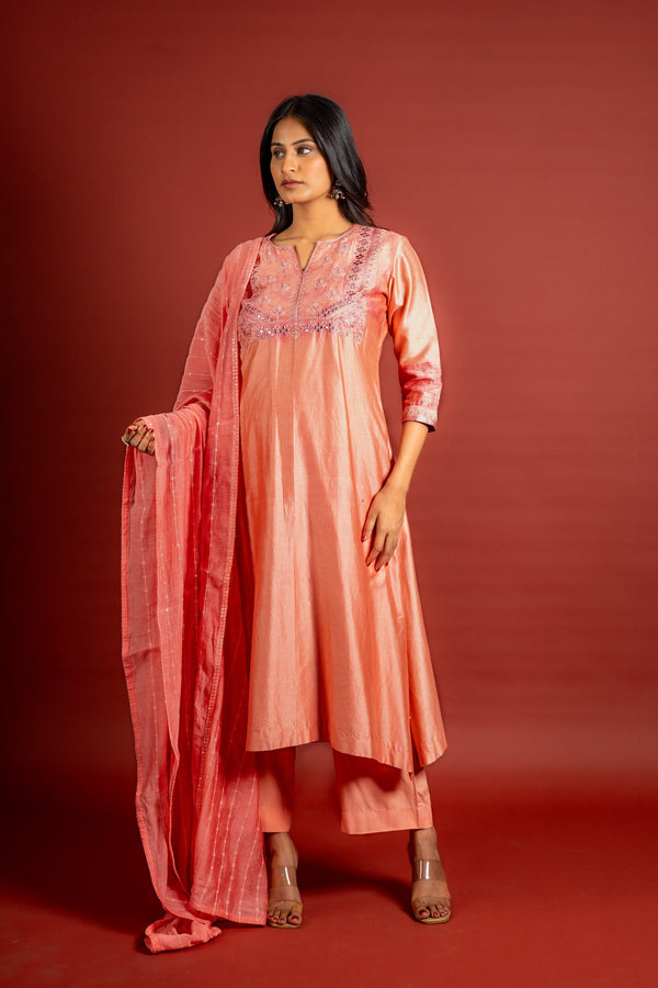 Peach Chanderi silk A-line top with thread and mirror work on yoke with Chanderi dupatta and rayon pant