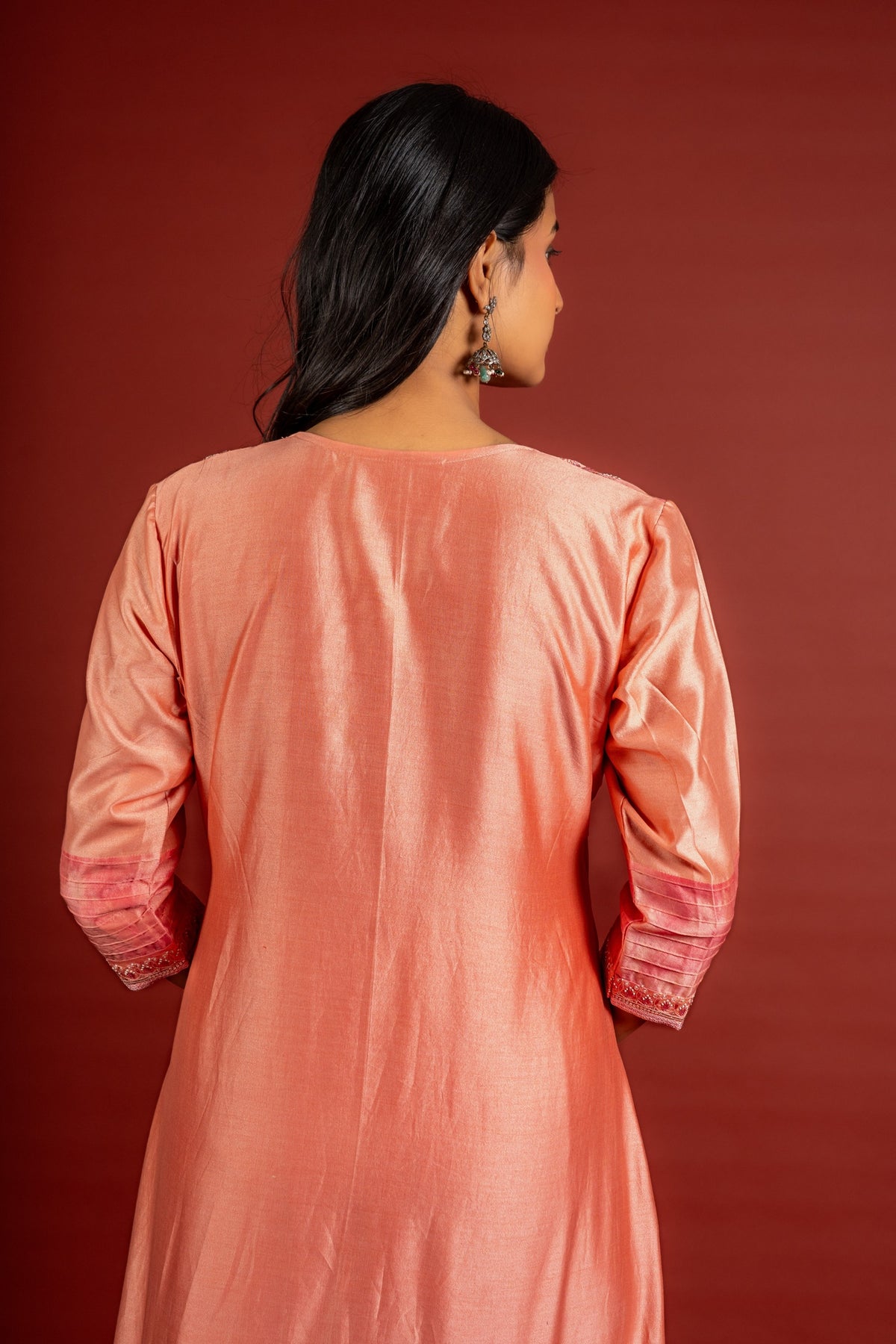 Peach Chanderi silk A-line top with thread and mirror work on yoke with Chanderi dupatta and rayon pant