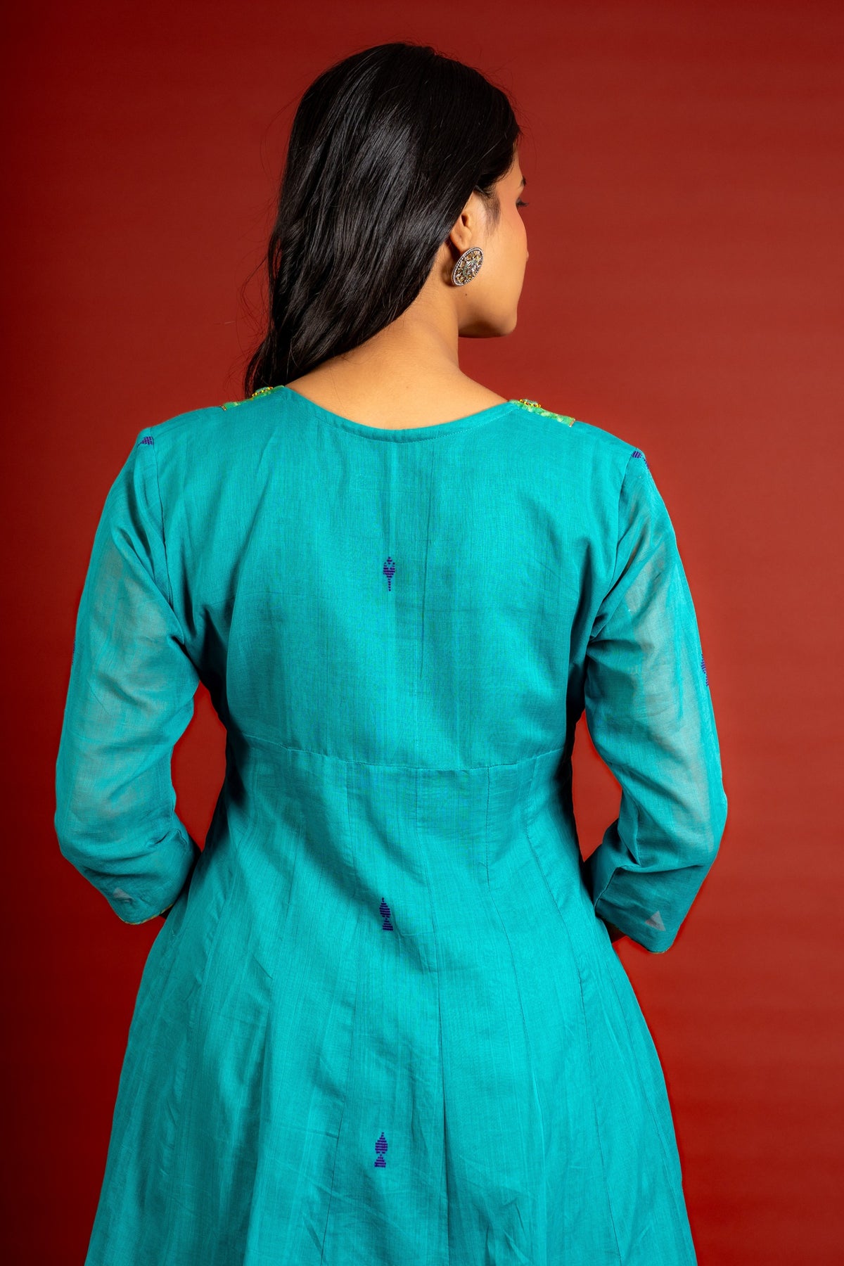 Vibrant turquoise blue kali handloom top, multicolour thread embroidery with mirror work on yoke and tie and dye shaded dupatta with work and self colour pant