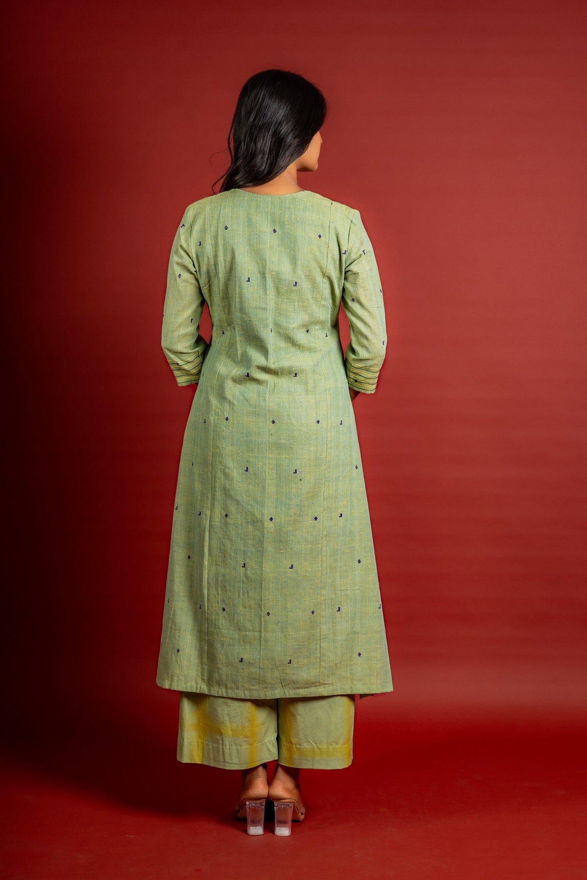 Sage green with blue dots handloom panel top with thread and mirror work and tie and dye pant