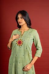 Sage green with blue dots handloom panel top with thread and mirror work and tie and dye pant