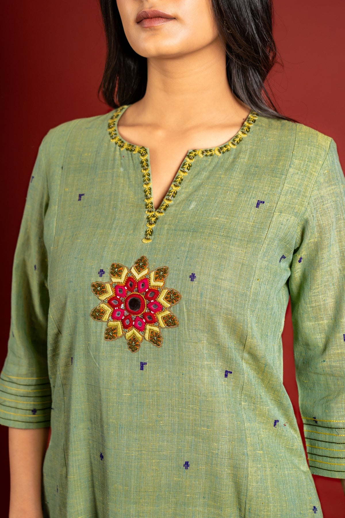 Sage green with blue dots handloom panel top with thread and mirror work and tie and dye pant