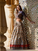 Ajrakh Print Chanderi Silk Lehenga with Batik Tie and Dye Blouse