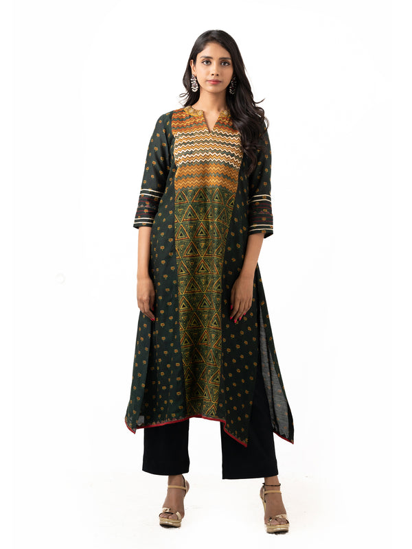 Ajrakh printed cotton chanderi dress paired with straight cut pants