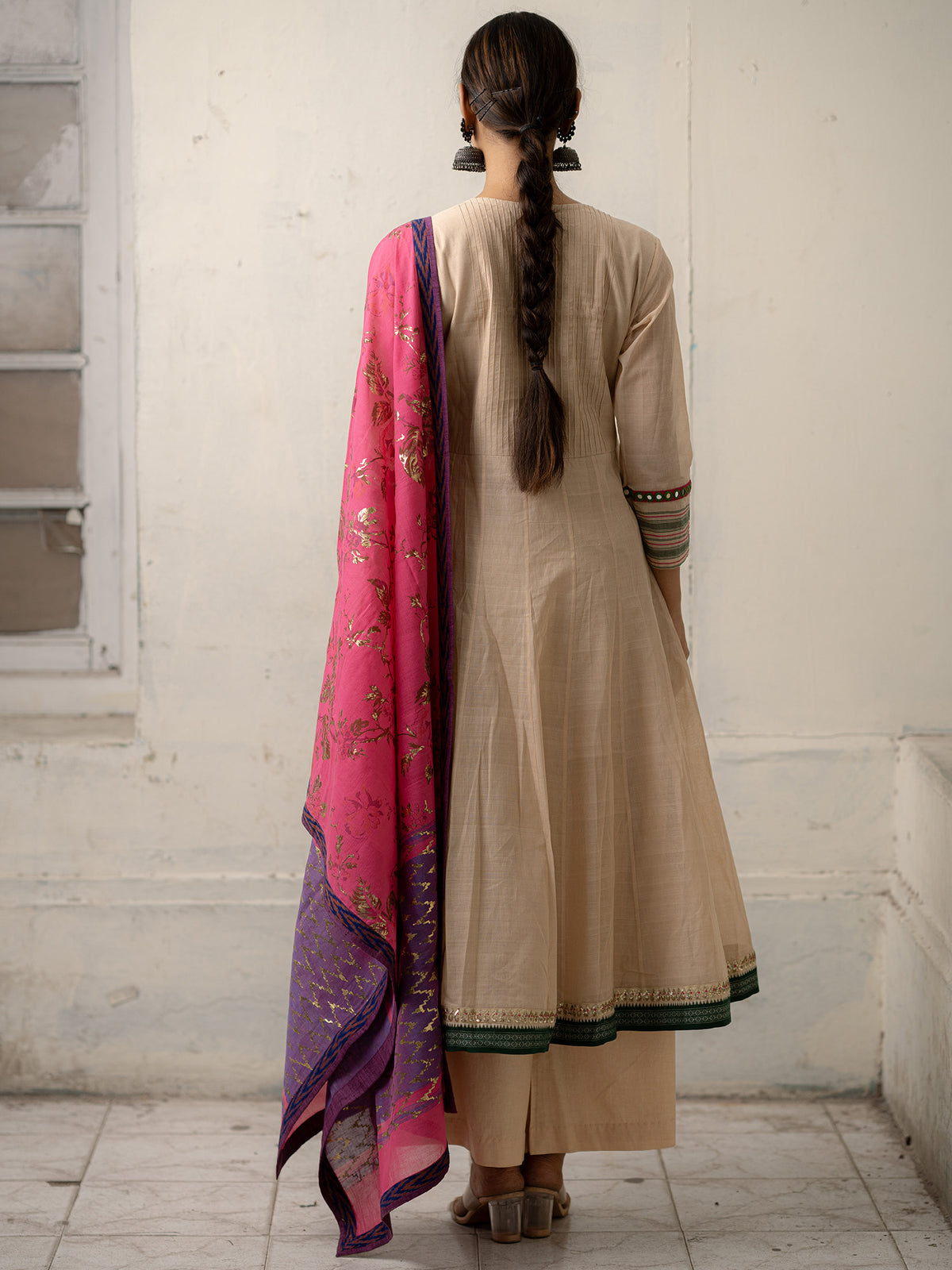 Beige Hand-Woven Cotton Embroidered Kurti with Pants and Golden Foil Print Dupatta