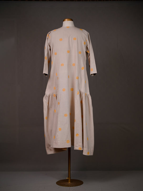 Beige Dress with Side Gathers, Buttis and Thread Work on V Neck