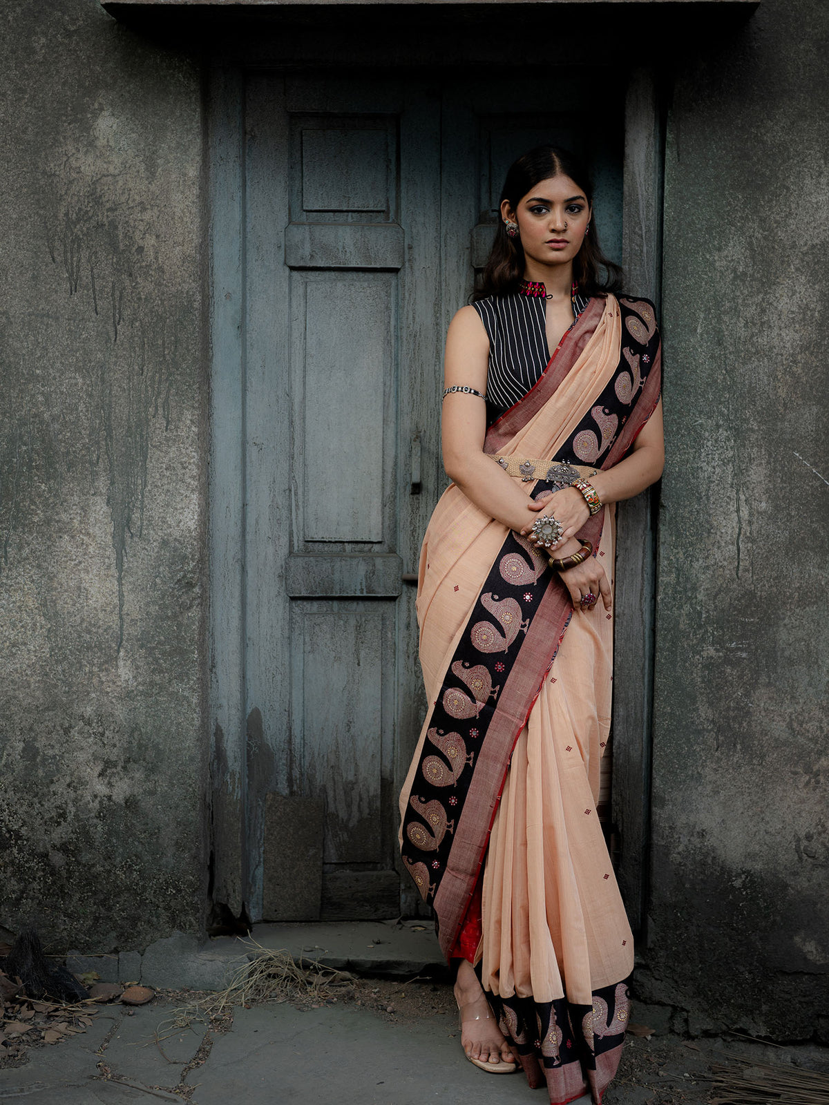 Beige Handwoven Cotton Saree with Contrast Border, Blouse, Pants