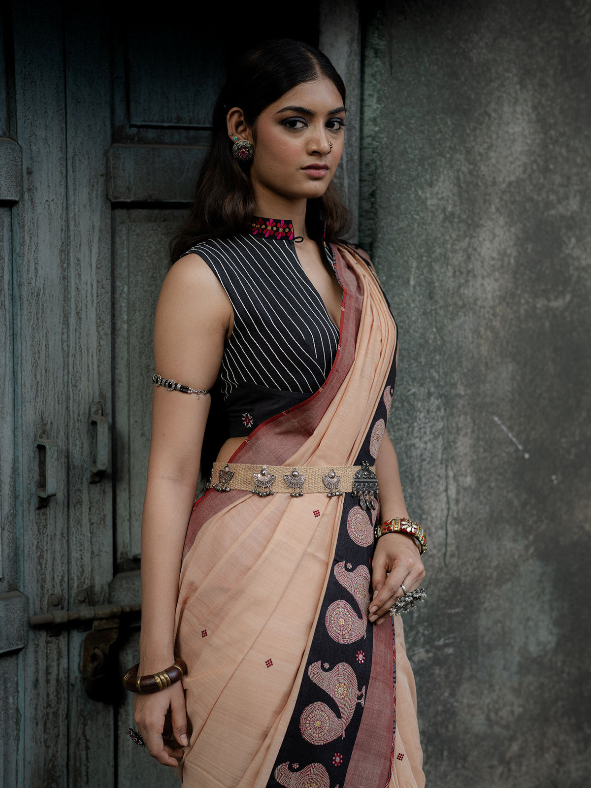 Beige Handwoven Cotton Saree with Contrast Border, Blouse, Pants