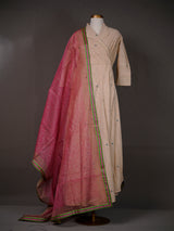 Beige Long Cotton Angrakha Kali Kurti with Pink Dupatta, Pants
