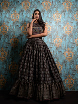 Black Ajrakh Print Lehenga With Hand Embroidered Blouse