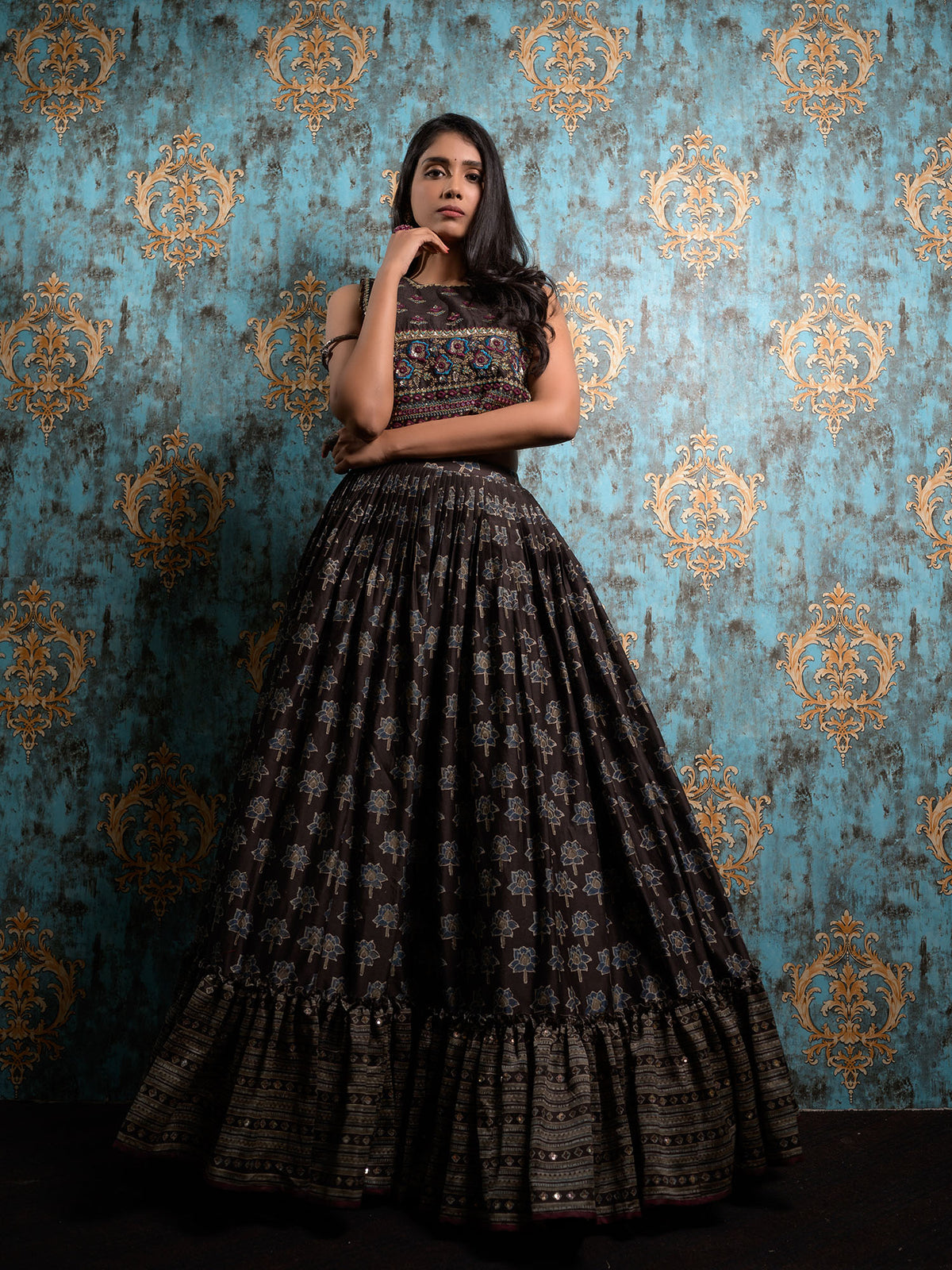 Black Ajrakh Print Lehenga With Hand Embroidered Blouse