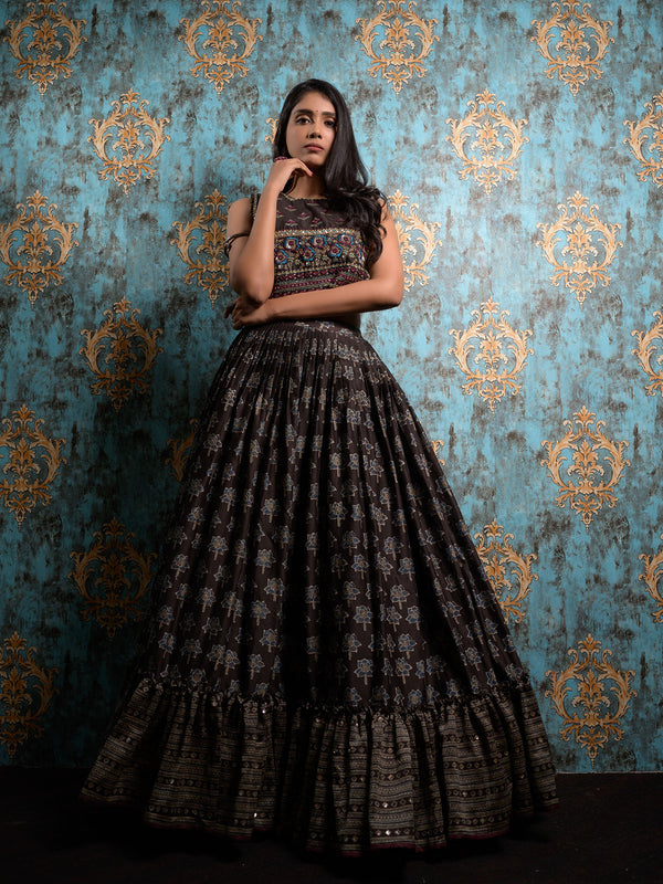 Black Ajrakh Print Lehenga With Hand Embroidered Blouse