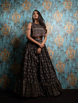 Black Ajrakh Print Lehenga With Hand Embroidered Blouse