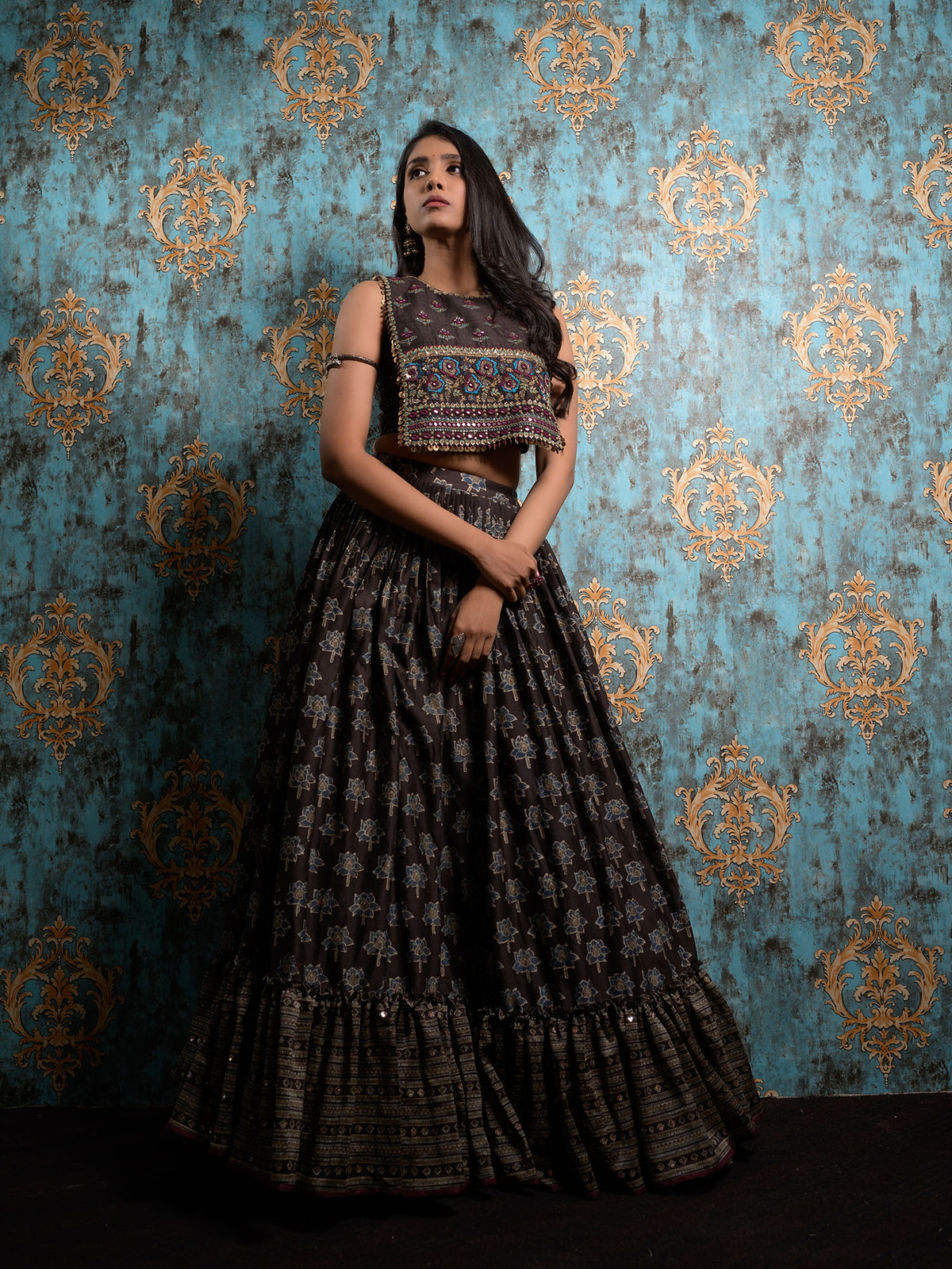 Black Ajrakh Print Lehenga With Hand Embroidered Blouse