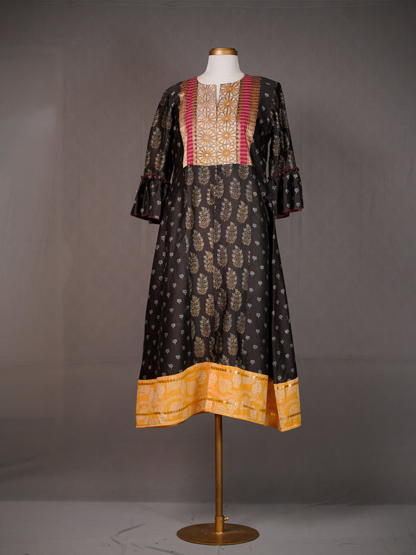 Black Chanderi Kurti with Ajrakh Print Panel and Thread Work Yoke