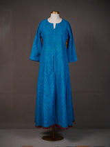 Blue Cotton Printed Long Kurti with Slit, Kalamkari Patch on Back