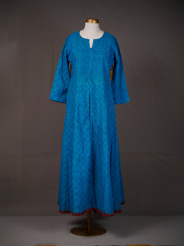 Blue Cotton Printed Long Kurti with Slit, Kalamkari Patch on Back