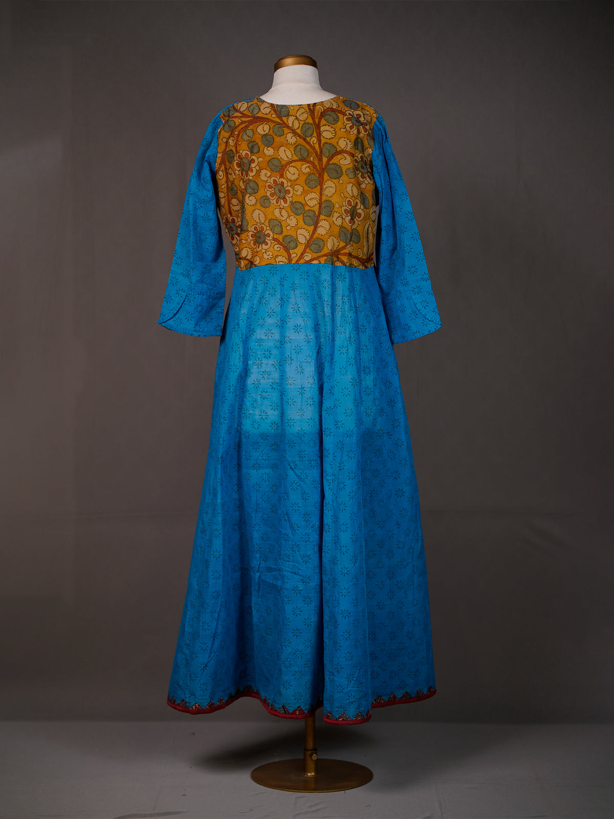Blue Cotton Printed Long Kurti with Slit, Kalamkari Patch on Back