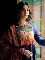 Blue Handwoven Cotton Kurti with Striking Kutch Work, Dupatta
