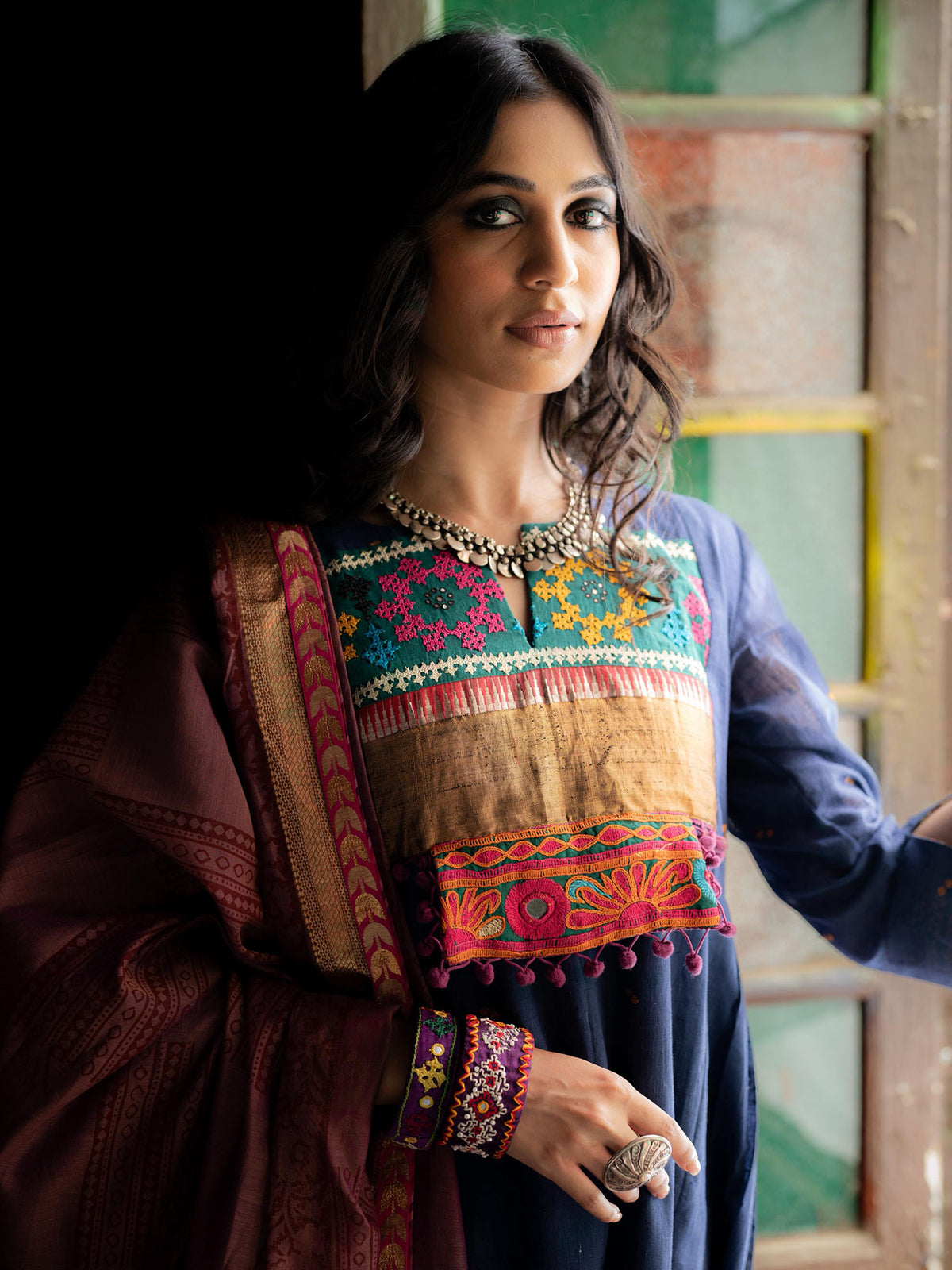 Blue Handwoven Cotton Kurti with Striking Kutch Work, Dupatta