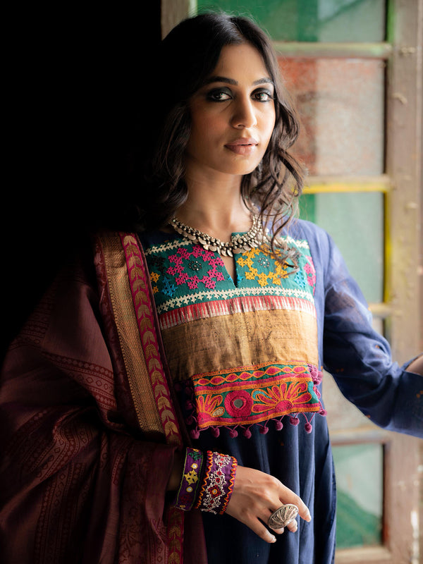 Blue Handwoven Cotton Kurti with Striking Kutch Work, Dupatta