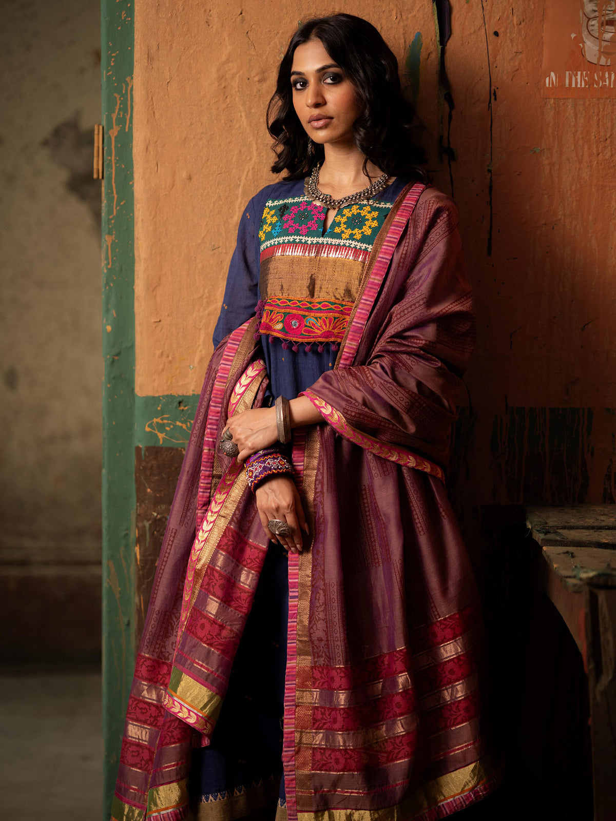 Blue Handwoven Cotton Kurti with Striking Kutch Work, Dupatta