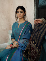Blue Handwoven Cotton Kurti with Thread n Mirror Work, Dupatta