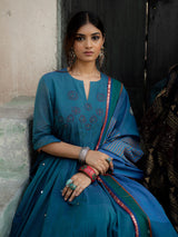 Blue Handwoven Cotton Kurti with Thread n Mirror Work, Dupatta