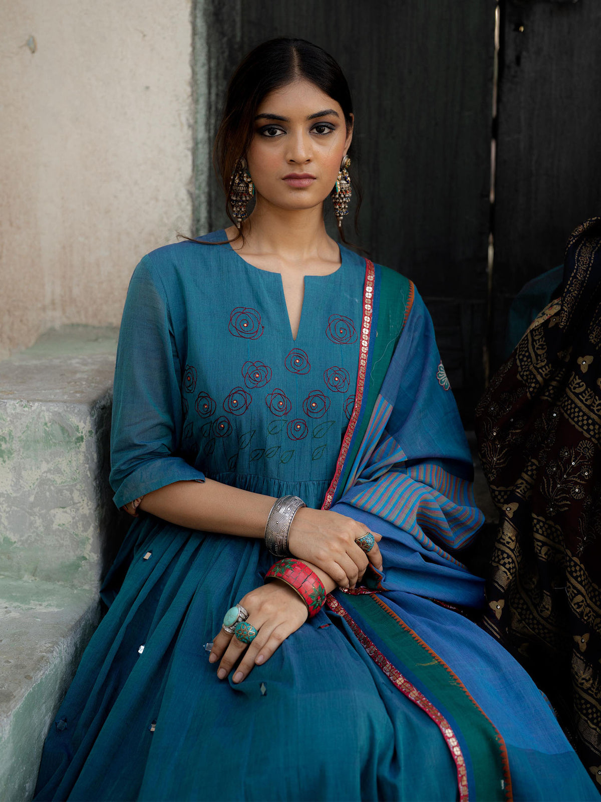 Blue Handwoven Cotton Kurti with Thread n Mirror Work, Dupatta