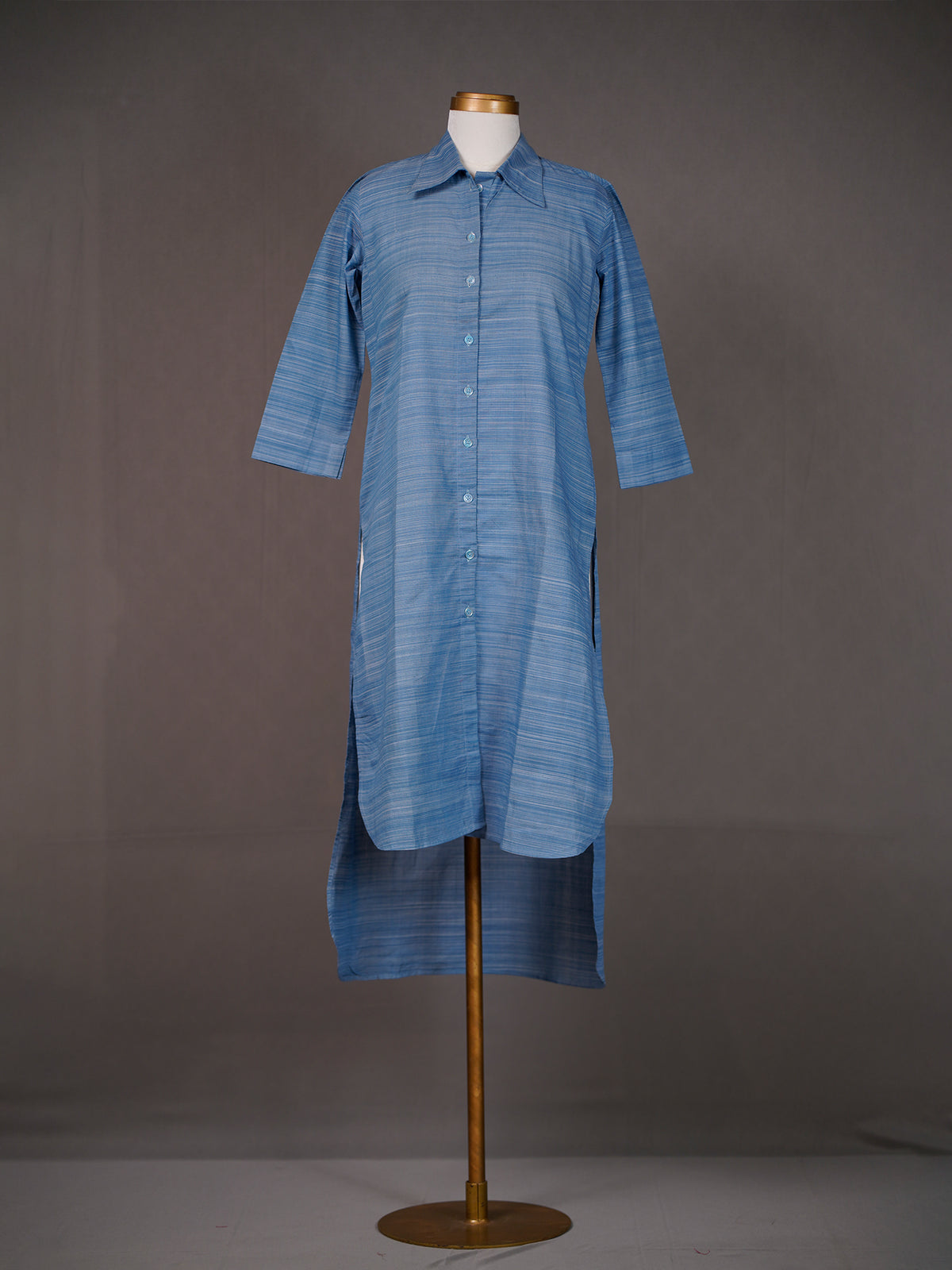 Blue Handwoven High-Low Plain Collared Top with Front Buttons