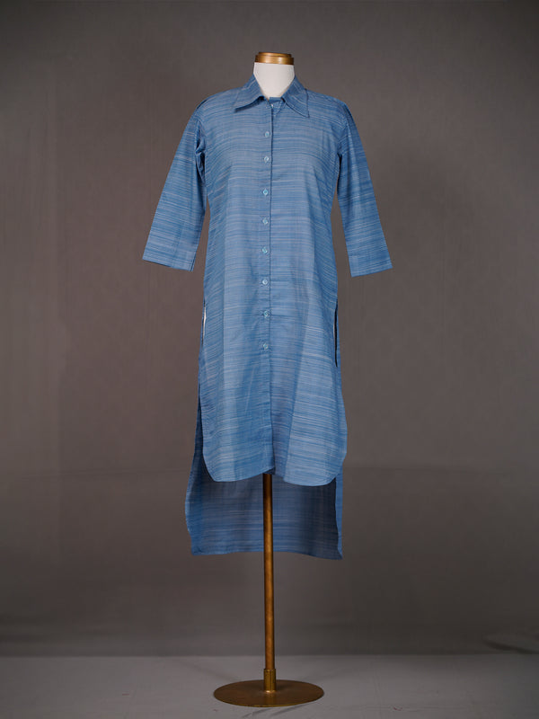 Blue Handwoven High-Low Plain Collared Top with Front Buttons
