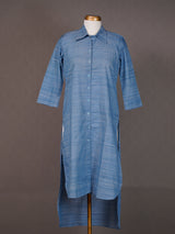 Blue Handwoven High-Low Plain Collared Top with Front Buttons