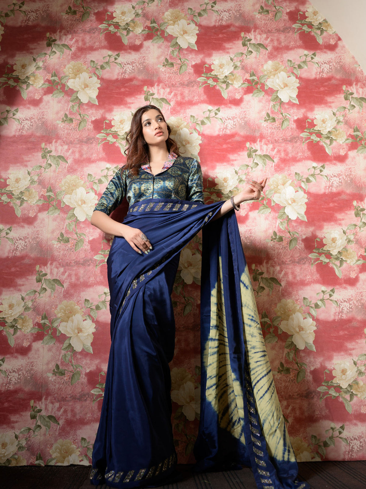 Blue Tie and Dye Silk Sari with Ajrakh Print Mashru Silk Blouse