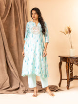 Blue floral printed Chanderi straight cut top with embroidery on the yoke, paired with stretchable Lycra pants