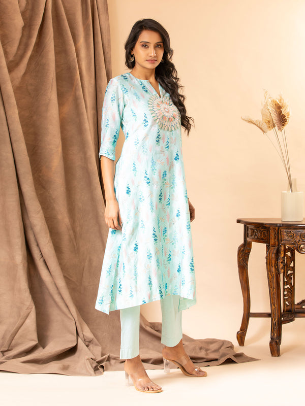 Blue floral printed Chanderi straight cut top with embroidery on the yoke, paired with stretchable Lycra pants