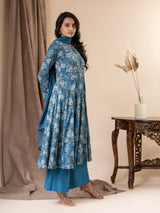 Blue floral printed kali top in muslin with intricate hand embroidery detailing, paired with a dupatta and pants