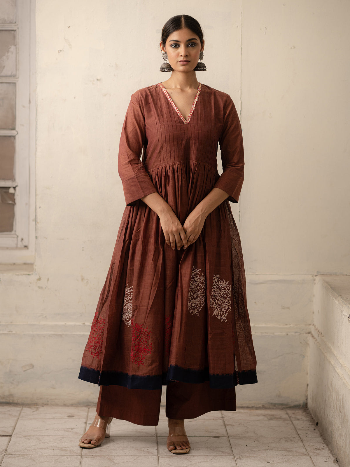 Brown Hand-Woven Cotton Kurti with Gota Embroidery and Monochrome Hand-Woven Cotton Pants