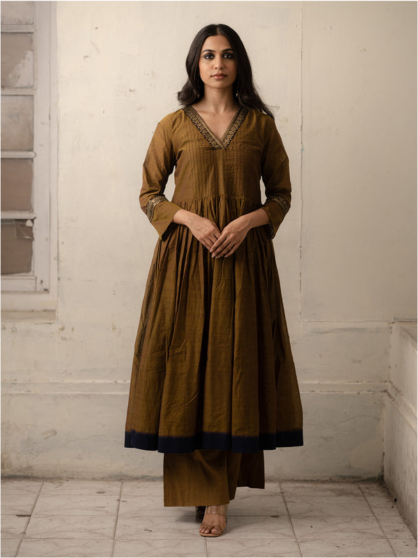 Brown Hand-Woven Cotton Kurti with Pita work Embroidery and Monochrome Pants