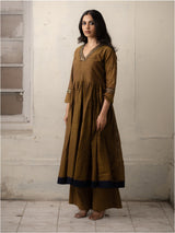 Brown Hand-Woven Cotton Kurti with Pita work Embroidery and Monochrome Pants