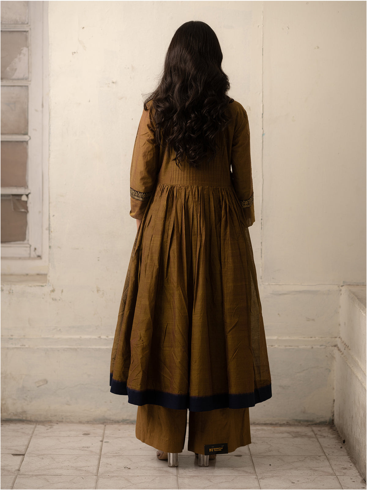 Brown Hand-Woven Cotton Kurti with Pita work Embroidery and Monochrome Pants