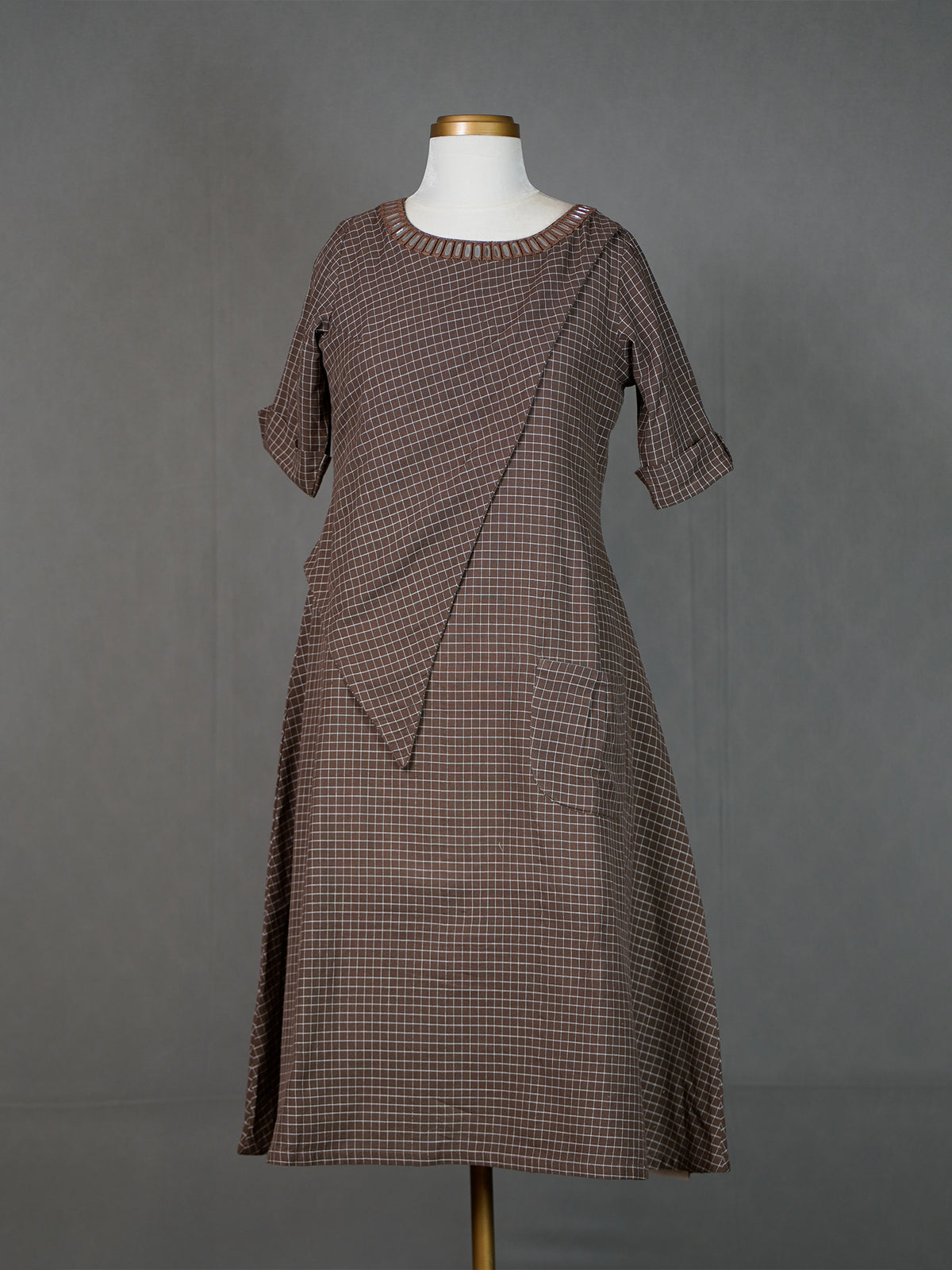 Brown Handwoven Checked A-Line Kurti With Mirror Work On Neckline