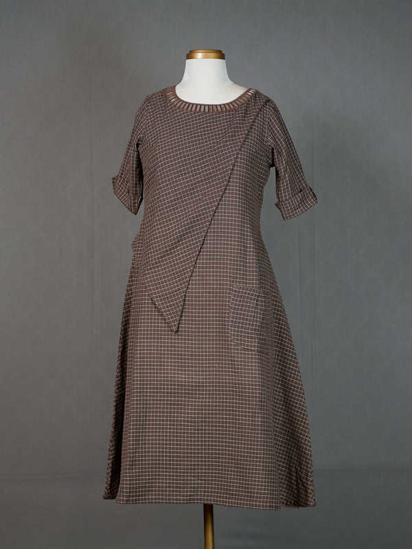 Brown Handwoven Checked A-Line Kurti With Mirror Work On Neckline