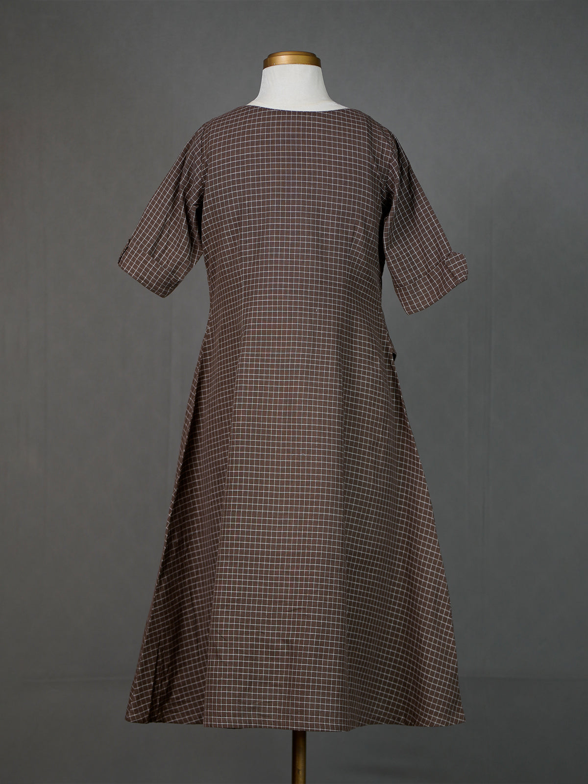 Brown Handwoven Checked A-Line Kurti With Mirror Work On Neckline