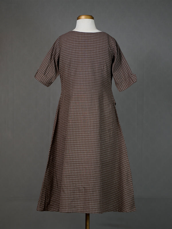 Brown Handwoven Checked A-Line Kurti With Mirror Work On Neckline