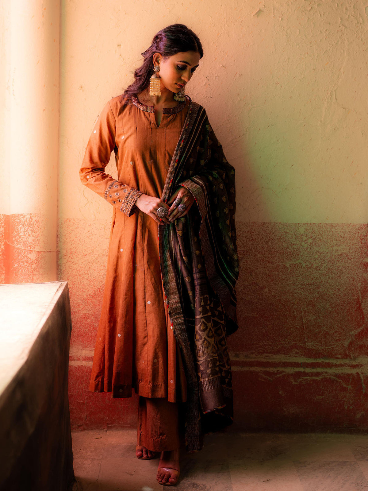 Brown Handwoven Cotton Kurti with Pitta and Sequins Work