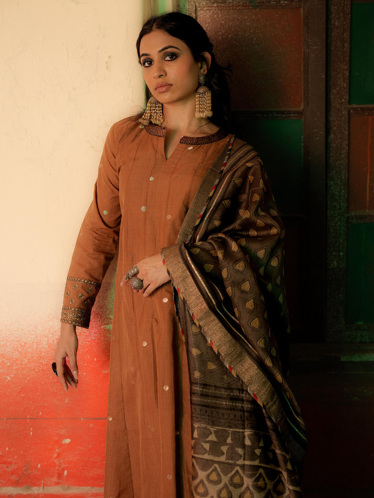Brown Handwoven Cotton Kurti with Pitta and Sequins Work