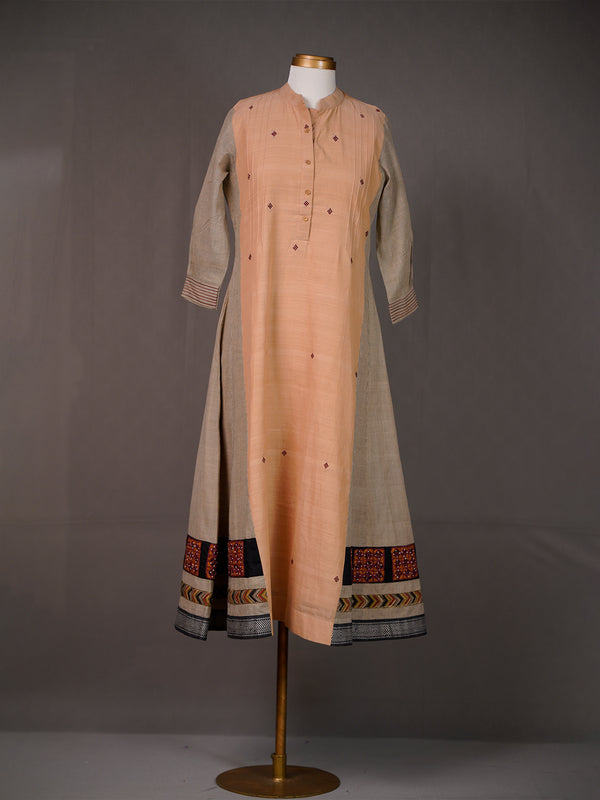 Brown Handwoven Kurti with Peach Panel and Block Print Borders