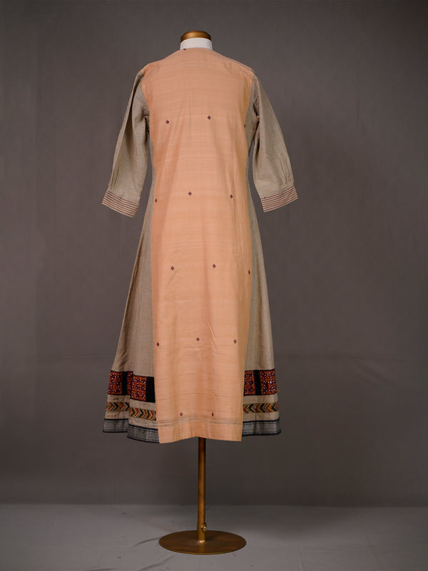Brown Handwoven Kurti with Peach Panel and Block Print Borders