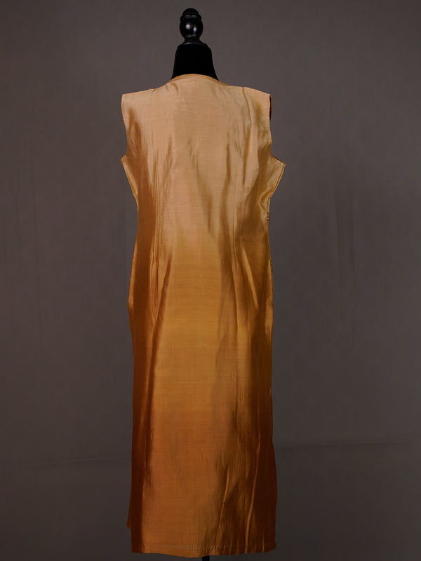 Brown Shaded Sleeveless Overlapping Chanderi Kurti With Thread Work